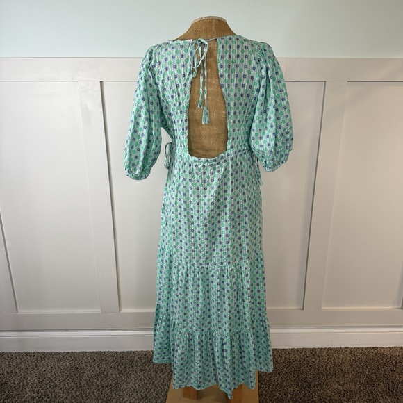Mango MNG Maxi Dress SMALL Green Open Back Cotton Geometric Tiered Deep V Neck - Picture 7 of 11